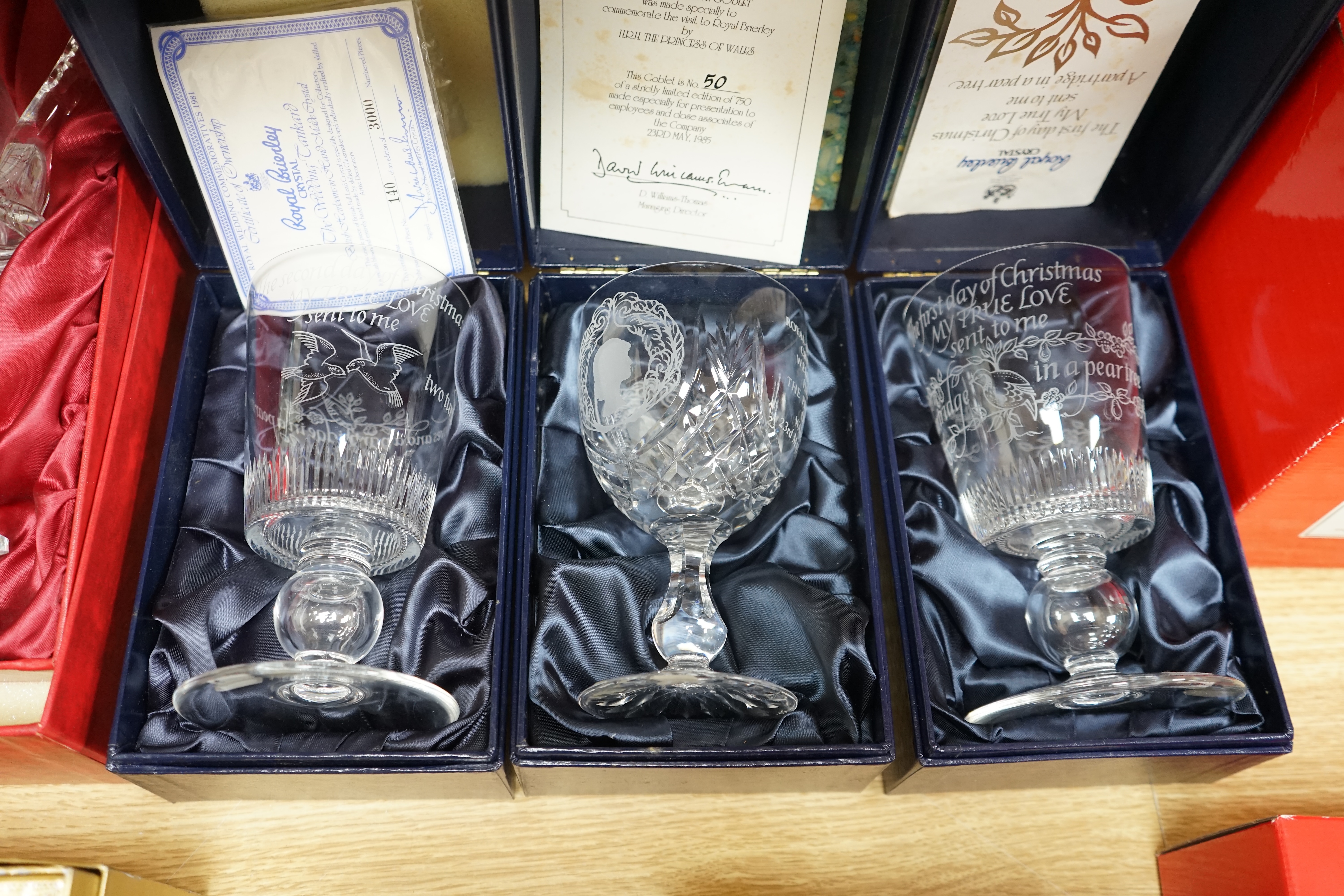 A collection of boxed Brierley glassware to include wine glasses, commemorative limited edition goblets and a jug, largest 28cm high. Condition - good